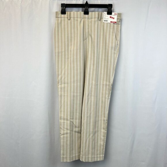 Uniqlo Womens Straight Leg Casual Pants Beige Off White Stripe Pockets 31 New - Picture 1 of 12